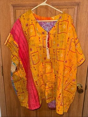 Boho Patchwork Popover Top in Yellow & Pink
